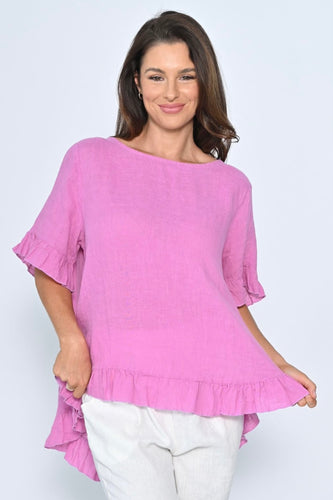 Button Back Frill Top - Hot Pink