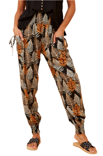 Harem Pants - Black Leaf Print
