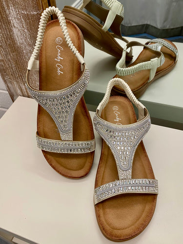 Flat Diamanté Sandals - Beige