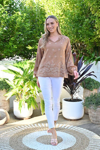 Embroidered V NeckTop - Tan
