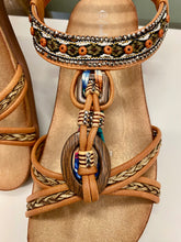 Load image into Gallery viewer, Close-up of embroidery and bead detail on camel sandals