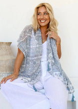 Load image into Gallery viewer, Denim Floral Border Scarf With Tassels