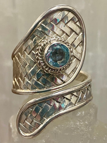 Snake Style Woven Sterling Silver Ring - Blue Topaz Facet