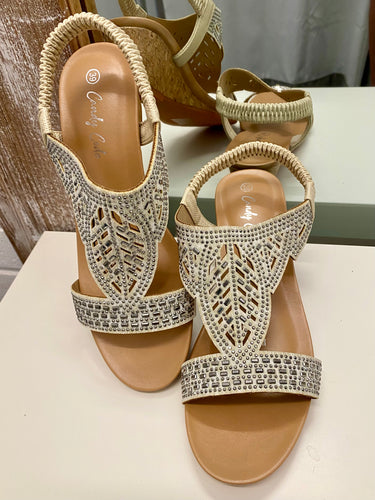 Cork Wedge Diamanté Sandals - Gold