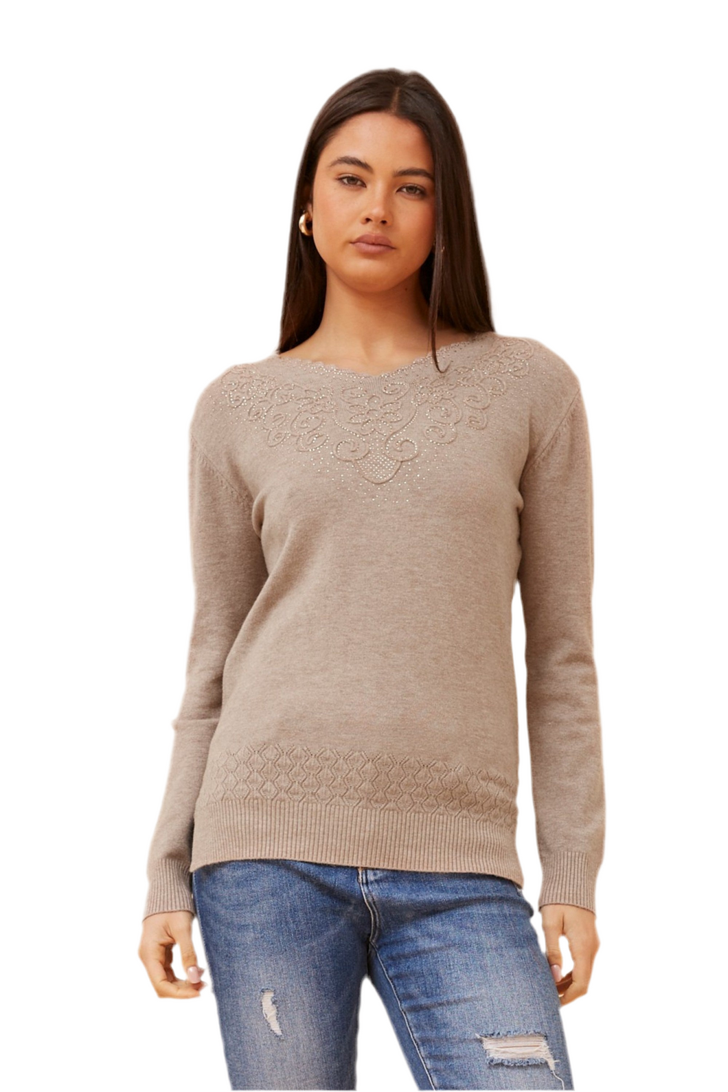 Embellished Knit Jumper - Taupe