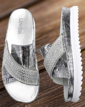 Load image into Gallery viewer, Silver Newspaper Print Sandals