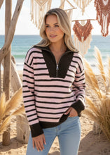 Load image into Gallery viewer, Striped Zip Knit - Pink/Chocolate