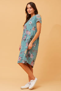 Floral Linen Dress - Sage