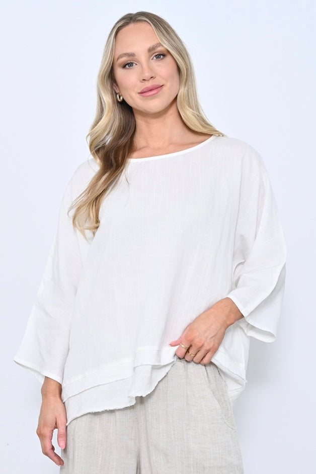 Fringe Hem Linen Top - White