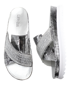 Silver Newspaper Print Sandals