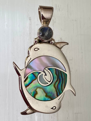 Double Dolphin Wave Sterling Silver Pendant - Paua/Mother of Pearl Shell