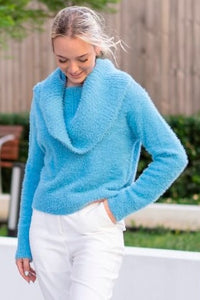 Fluffy Wide Turtle Neck Jumper - Sky