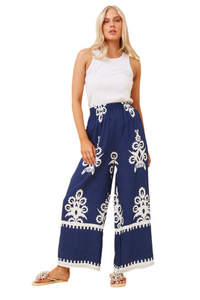 Border Print Wide Leg Pants - Navy