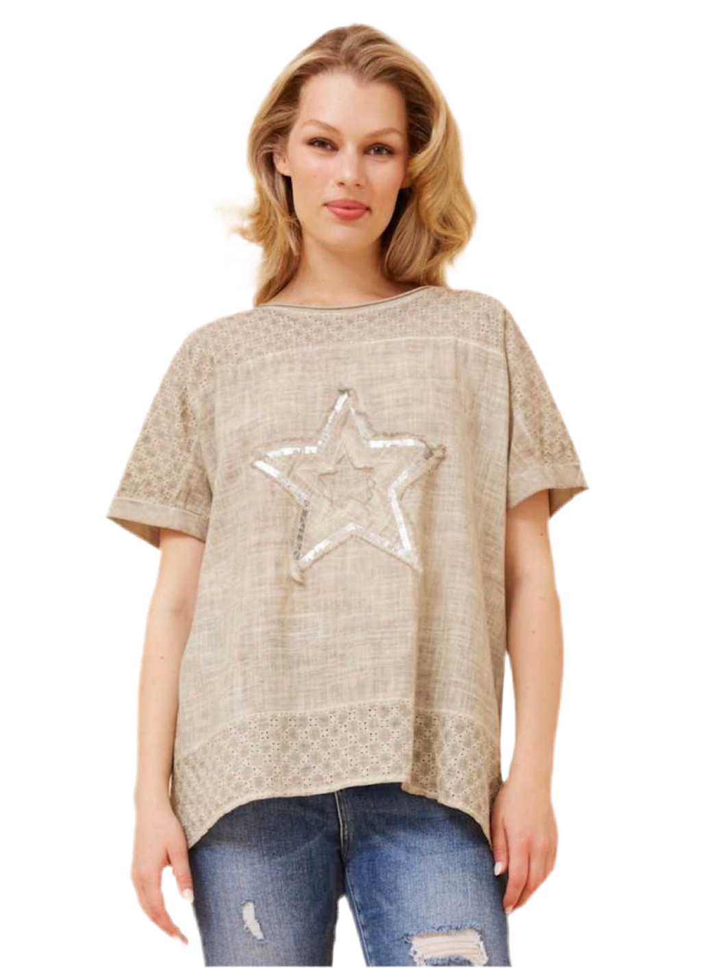 Caroline K Morgan Sequin Star Top with lace front and star detail