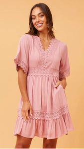 Layla  Lace Trim Dress - Musk Pink