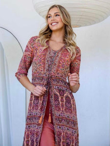 Closed up of Bohemian-style Hannah Maxi Dress in luxurious silk blend – Berry Lush Designs.