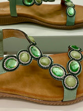 Load image into Gallery viewer, Close-up of Side view of Beaded Sage Green Sandals with 3 cm sole.
