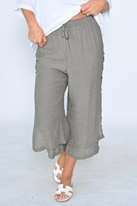 3/4 Side Button Layered Beach Pant - Khaki