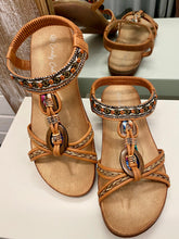 Load image into Gallery viewer, Beaded Camel Sandals with wooden beads and diamanté detail on front straps.
