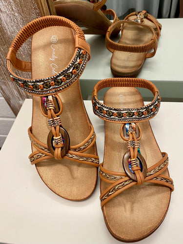 Beaded Camel Sandals with wooden beads and diamanté detail on front straps.