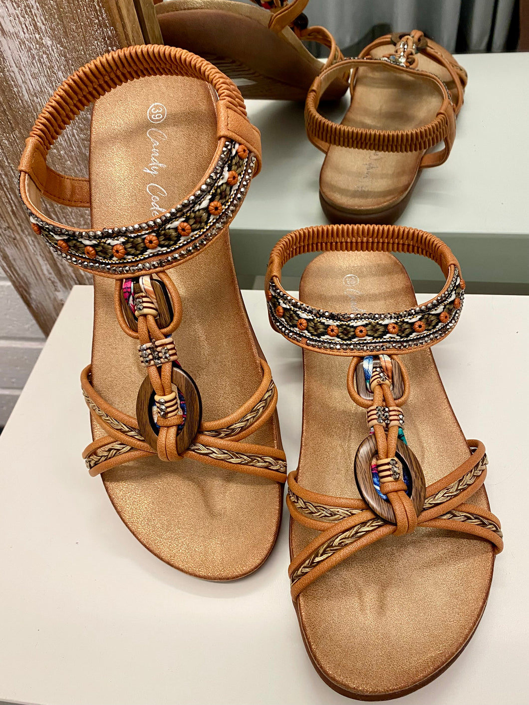 Beaded Camel Sandals with wooden beads and diamanté detail on front straps.