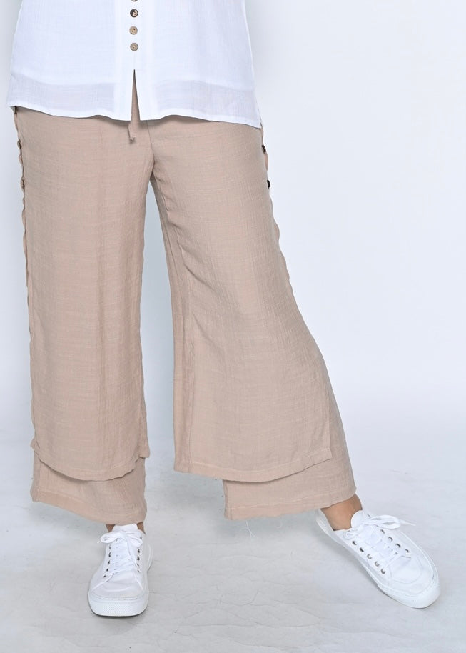 Full Length Side Button Layered Beach Pant - Mocha