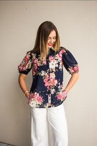 Cotton Navy Floral Elastic Cuff Blouse