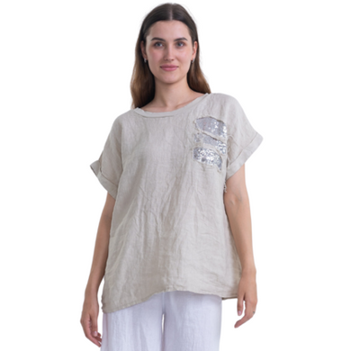 Sequin Italian Linen Top - Beige