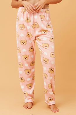 Bear Print Plush Pyjama Pants - Pink