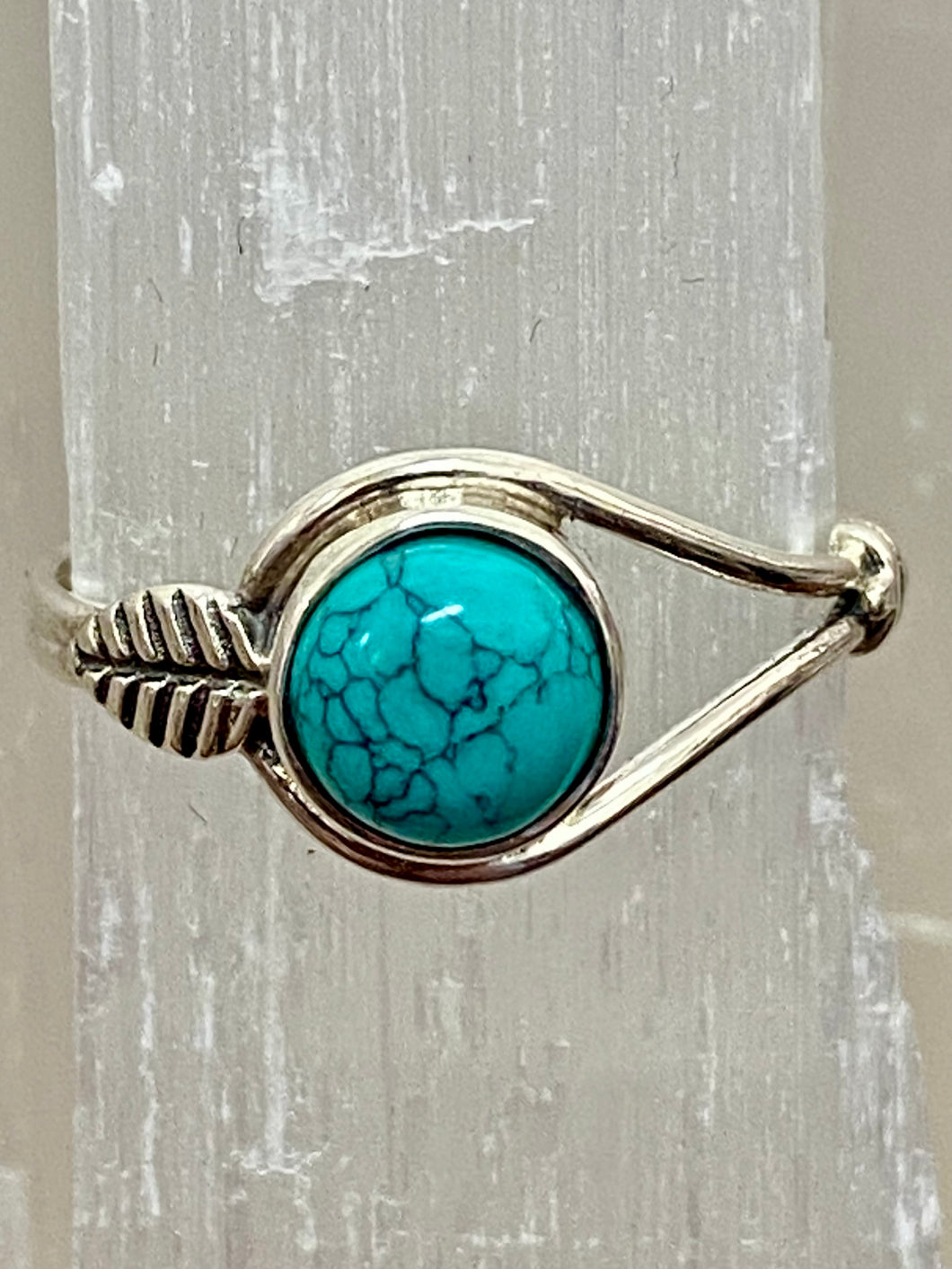 Turquoise Round Feather Sterling Silver Ring