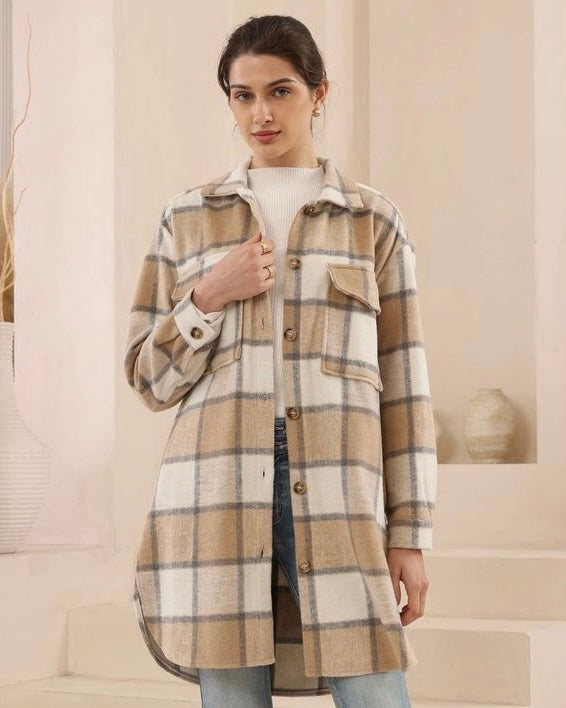 Checked Shacket - Camel