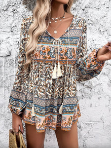 Floral Print Tassel Neck Long Sleeve Top - Beige