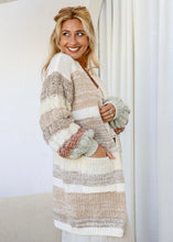 Load image into Gallery viewer, Striped Knit Cardigan with patterned sleeves - Natural / Camel