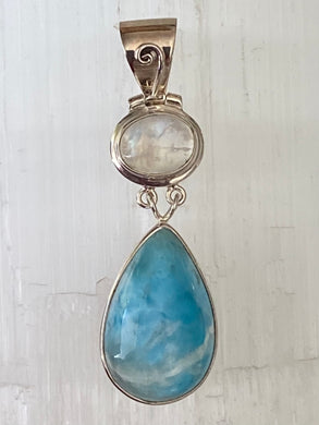Sterling Silver Pendant - Larimar & Rainbow Moostone