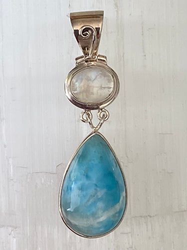 Sterling Silver Pendant - Larimar & Rainbow Moostone