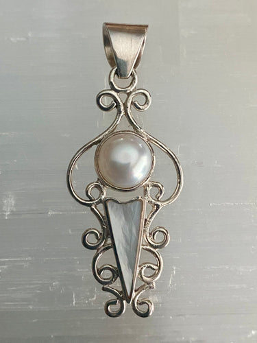 Small Ornate Swirl Sterling Silver Pendant - Pearl / White Mother of Pearl