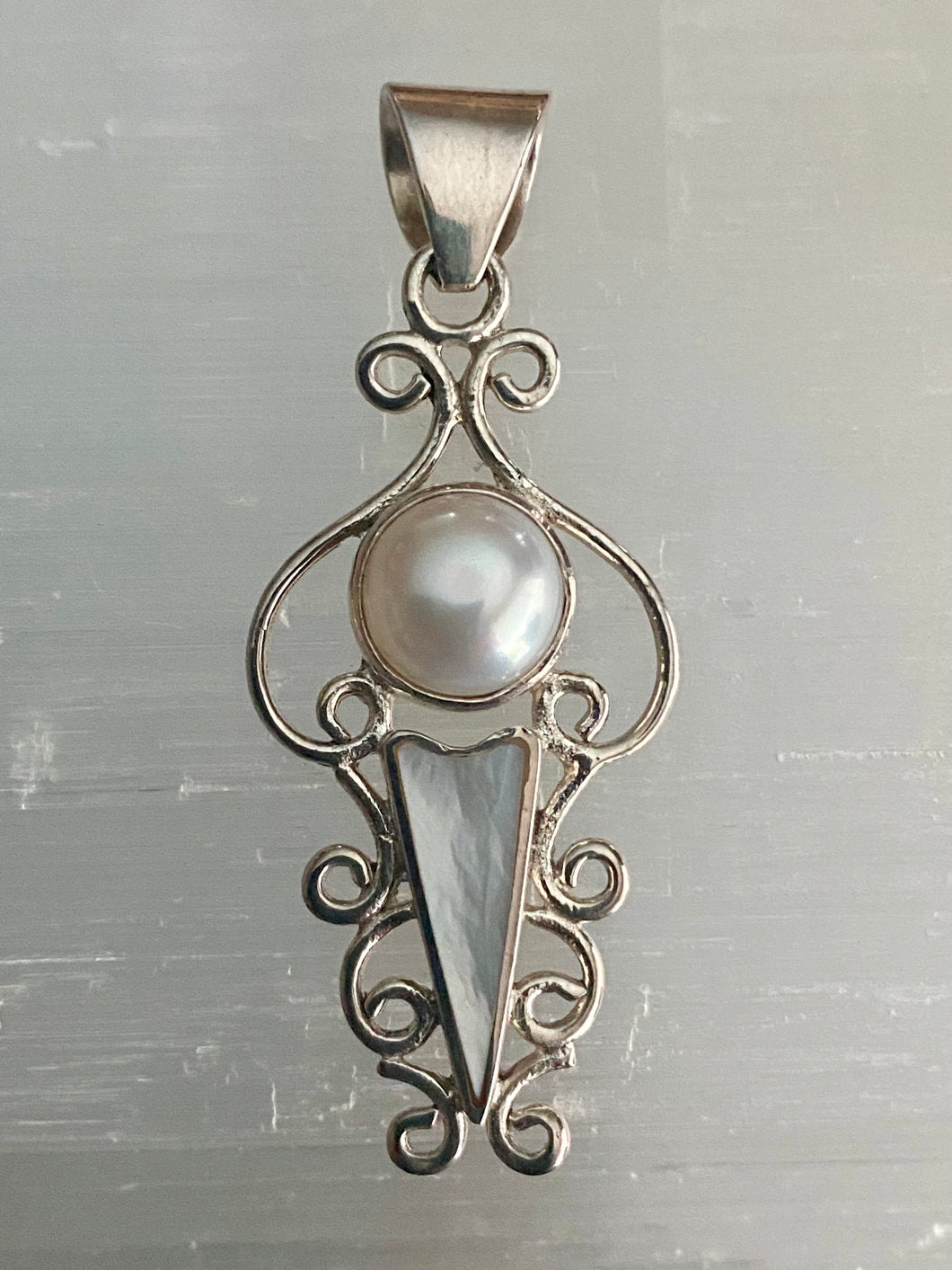 Small Ornate Swirl Sterling Silver Pendant - Pearl / White Mother of Pearl
