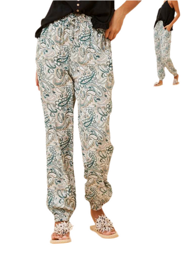 Women’s green paisley jogger pants with elastic waistband and tie