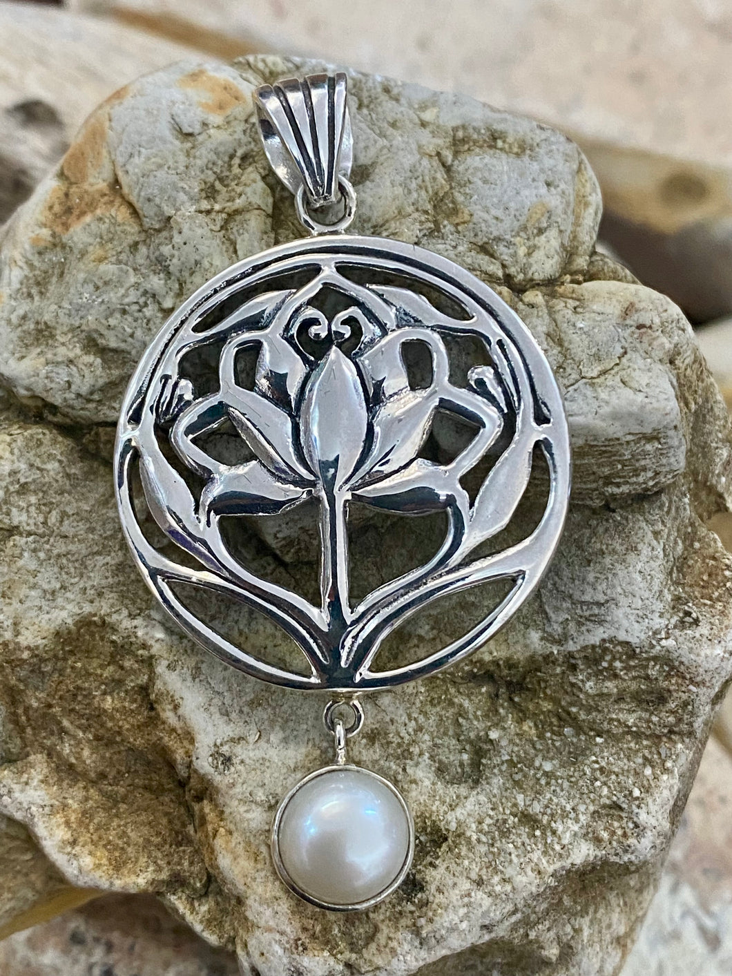 Sterling Silver Pendant - Water Lily with Pearl
