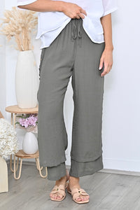 Full Length Side Button Layered Beach Pant - Khaki
