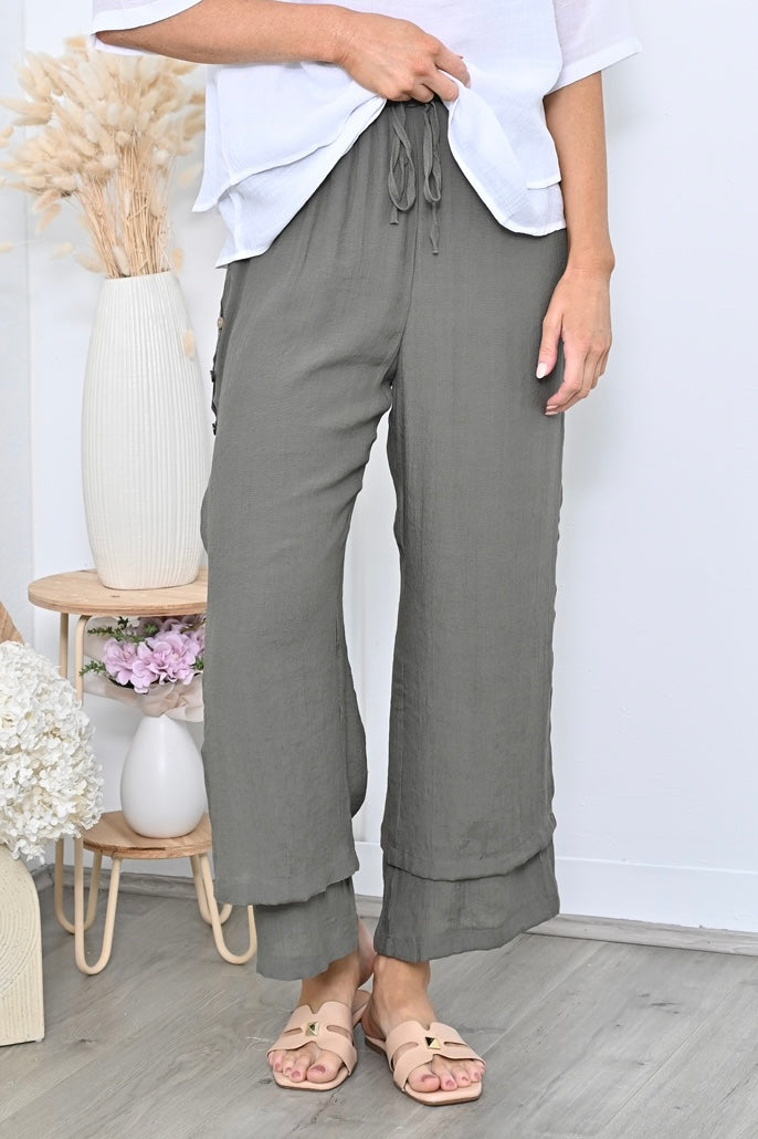 Full Length Side Button Layered Beach Pant - Khaki