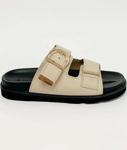 	Human Shoes Nelly Slide in Bone with contoured black sole