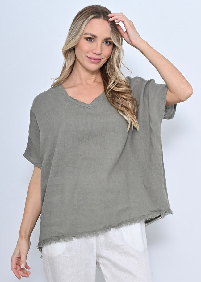 V-Neck Fringe Hem soft Linen Top - Khaki