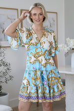 Load image into Gallery viewer, Ella Dress Blue – front view showing gold floral baroque print