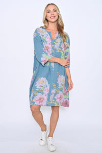 Big Button Linen Floral Dress- Denim