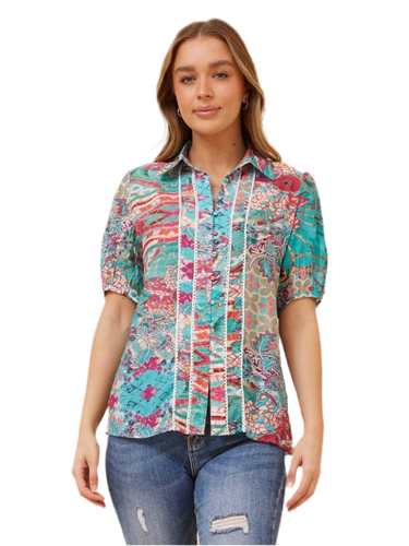 Lace Trim Shirt -Abstract Print