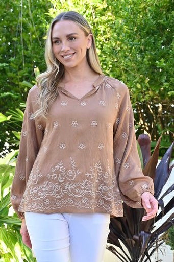 Embroidered V NeckTop - Tan