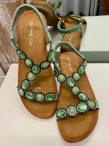 Beaded Sage Green Sandals with round and oval stones surrounded by diamantes.