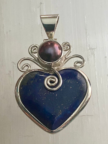 Ornate Swirl Heart Pendant - Black Pearl / Lapis Lazuli