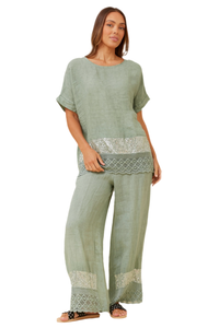 Cian Linen Sequin Pants - Sage